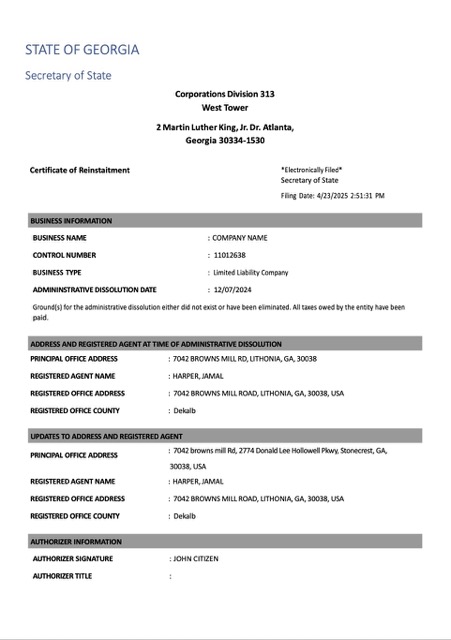 USA Georgia certificate of reinstatement Word and PDF template, version 2